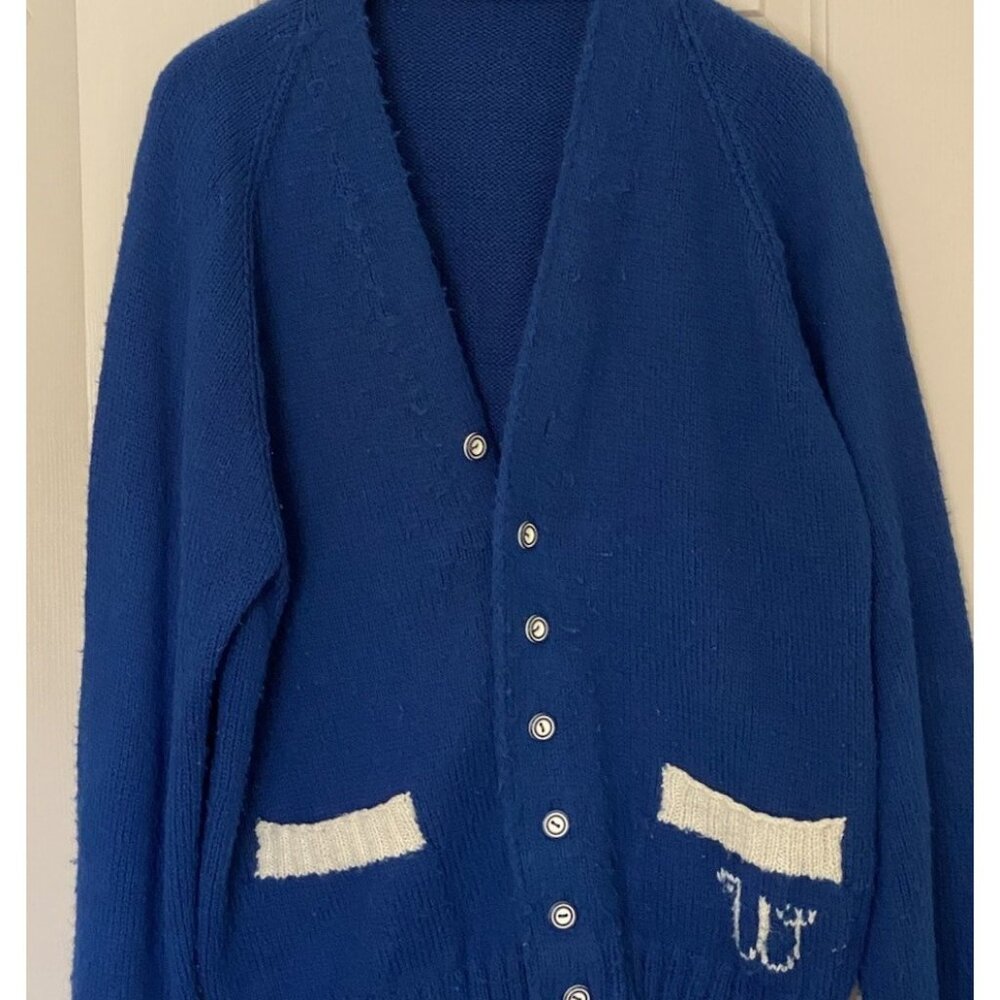 Vintage 60’s Bright Blue Hand Knit Cardigan Sweater Men’s Size M USA Monogram W - Picture 3 of 7
